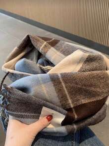 1pc Women's Plaid Fringed Scarf, Faux Cashmere, Warm, Suitable For Daily Use In Autumn And Winter Accessories Women,Beach,Holiday - Blue - View 4