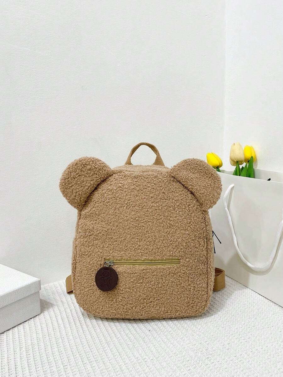 1pc Kids Cute Cartoon Bear Plush Backpack With Zipper Closure, Suitable For Everyday Use In Autumn/Winter - Khaki - View 1