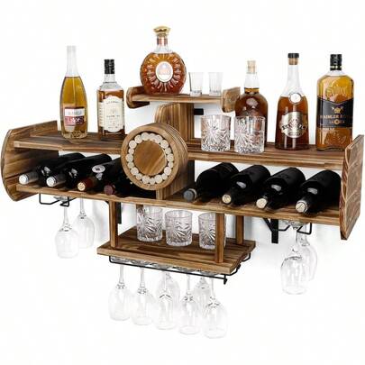 Wine Rack Wall Mounted Wood, Alcohol Shelf With Bottle Stemware Glass Holder Rustic, Airplane Shape Multi Functional Liquor Display Storage Home Bar Brown