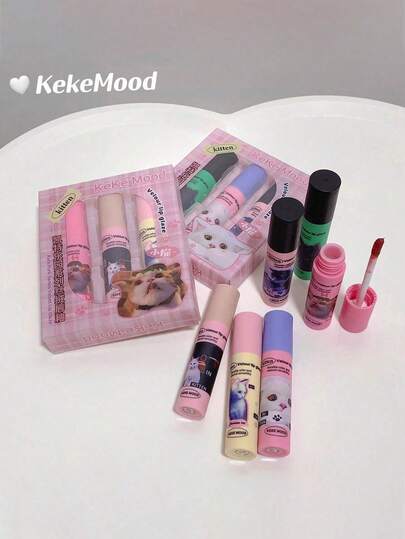 6-Color A+B Set Kekemood Cute Kitty Cake Lip Balm Set, Matte Finish Non-Stick Lip Gloss & Lip Cream, Moisturizing For Students, Lip Brush Included
