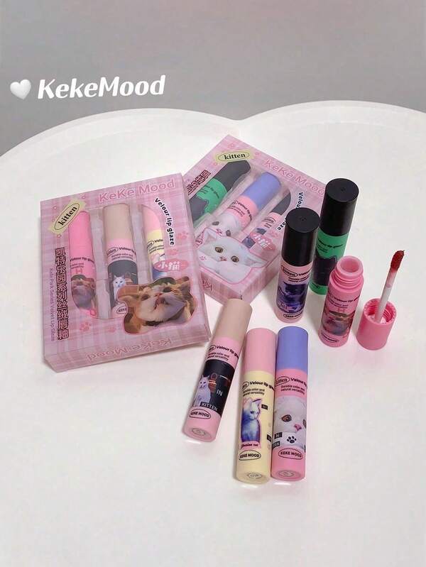 Conjunto de 6 cores A+B Kekemood Cute Kitty Cake Lip Balm, gloss labial antiaderente com acabamento fosco e creme labial, hidratante para estudantes, pincel labial incluso
