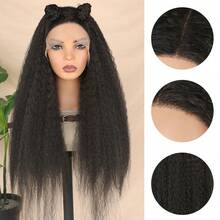 Peluca sintética elegante de color negro de 13X4 con encaje frontal para mujeres, resistente al calor, sin pegamento, de 26 pulgadas, 180% de densidad, cabello largo rizado y suave, con nudos decolorados previamente recortados para uso diario y fiestas