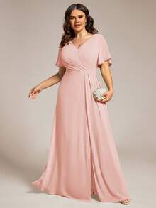 Plus Size Butterfly Sleeve V-Neck Ruched High Slit Pink Bridesmaid Dress, Suitable For Weddings, Parties, Spring/Summer Wedding Guest Formal Dress, Mother Of The Bride Dress Party - Pink - View 6