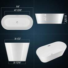 Studyset 59/67 Inch Deep Soaking Freestanding Bathtub, Acrylic Stand Alone Tub With Non-Slip Base, CUPC Certified, Matte Silver Drain Kit & Chrome Overflow Cap, SKY White 1500/1700 Mm Sizes, Modern Bathroom Re - White - View 2