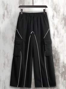 Men's Black Cargo Pants With White Stripes, Loose Fit Casual Trousers - Black - View 4