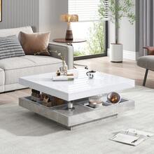 Functional Coffee Table With High-Gloss Surface, Living Room Table, 360° Rotating 2-Tier Table With Storage Drawer, White Lounge Table, Black Frame 70*70*36 - Marble + White + Particle Board - View 7