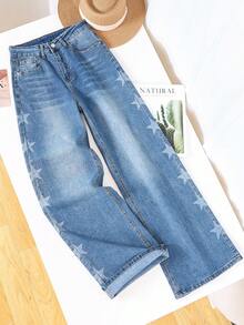 HIMARRI Lindos jeans de mezclilla con estampado de estrellas para mujer, pierna ancha y larga para un estilo casual y elegante, tela muy elástica. - Azul - Ver 2