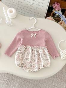 Baby Girls' Long Sleeve Cute Bow Print Patchwork Bodysuit, Autumn - Pink - View 6