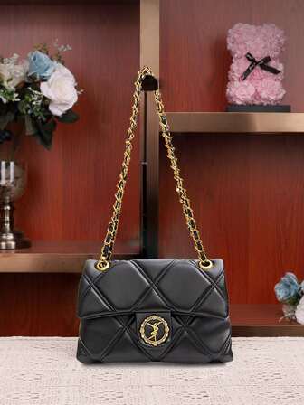 Women's Black Fashionable Metal Chain Rhombus Embossed Flap Crossbody Bag, High-End Luxury Minimalist Style Suitable For Party, Evening, Outdoor, Commute