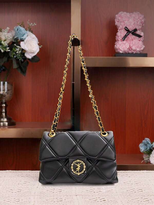 Damen schwarze modische Metall-Ketten-Rhombus-geprägte Klappe Umhängetasche, hochwertiger luxuriöser minimalistischer Stil, geeignet für Party, Abend, Outdoor, Pendeln