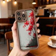 Phone Case With Black Edge, Red Leaves And Stairs Design, For IPhone 14 Pro, Minimalist Artistic Style, Ideal For Daily Use In Cafes And Urban Spaces Suitable For Apple Series Phones - Black - View 4