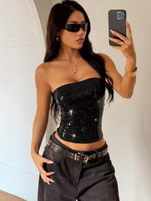 Women's Sexy Glitter Bustier Top - Black - View 5