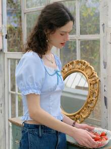 Simple Retro Women's Summer Casual Cute Ruffle Bow Blouse - Blue - View 4
