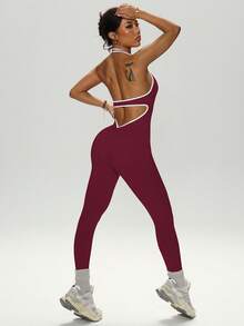 Women's Seamless Halter U-Neck Yoga Jumpsuit, Contrasting Color Hem High Elastic Backless Fitness Jumpsuit, Butt Lifting Tight Sportswear, Universal Training Clothing For All Seasons - 酒紅色 - 查看 3