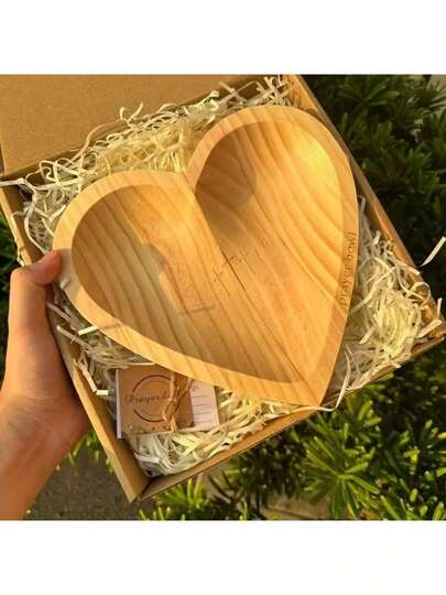 1pc Vintage Wooden Heart-Shaped Prayer Bowl With Engraved Cross & "Prayer" Text - Perfect For Home Decor, Living Room, Or Prayer Room