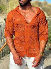 男士 Polo 领时尚休闲针织短袖毛衣，网眼镂空针织开衫 - 紅木色 - 查看 3