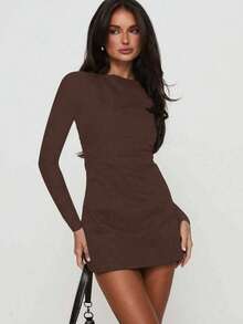 Elegant Fashionable Round Neck Long Sleeve Back Tie Design Fitted Mini Dress, New Arrival For Autumn Spring - Brown - View 7