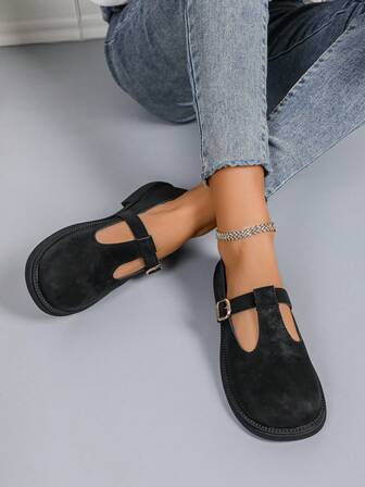 女士新款洛丽塔时尚黑色真皮玛丽珍鞋，法式英伦风格，搭扣设计，圆头，防滑鞋底，乐福鞋，新款学院风商务正装通勤平底鞋