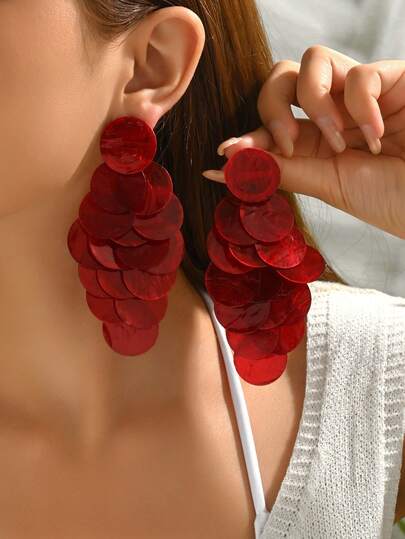 1 par de pendientes con colgante redondo geométrico y borlas de diseño exagerado, pendientes largos de moneda para mujer, adecuados para fiestas, eventos y uso diario