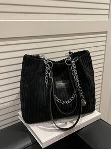 轻便、商务休闲、时尚大容量简约风格毛绒单肩手提包，适合上学、旅行、购物、约会，是送给年轻女孩、女大学生、职场新人和白领的理想礼物。 - 黑色 - 查看 10