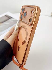 奢华斜挎项链挂绳电镀透明手机壳，兼容 17 Air 16 E 16 15 14 13 12 Pro Max 11，亮面磁吸无线充电保护套 - 橘色 - 查看 9