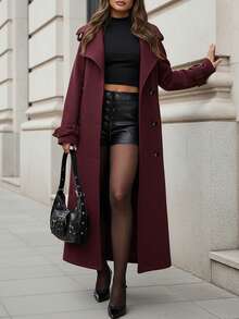 Women's Wool Blend Long Coat With Waist Cinching, Notched Collar, Button Closure, Warm For Autumn/Winter - Burgundy - View 3