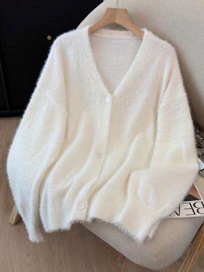 Plusstorlek Dam Enfärgad Nedsänkt Axel Långärmad Enkelknäppt Casual Cardigan, Elegant & Chic Fuskpälströja, Vit