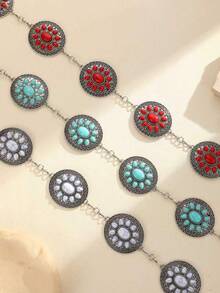 A Round Retro Pattern Turquoise Fashion Temperament Waist Chain, Women's Fashion All-Match Dress Belt, Body Jewelry, Christmas Accessories Waist Chain. Suitable For Spring, Summer, Autumn And Winter, Punk Style. - Round Sun - View 1
