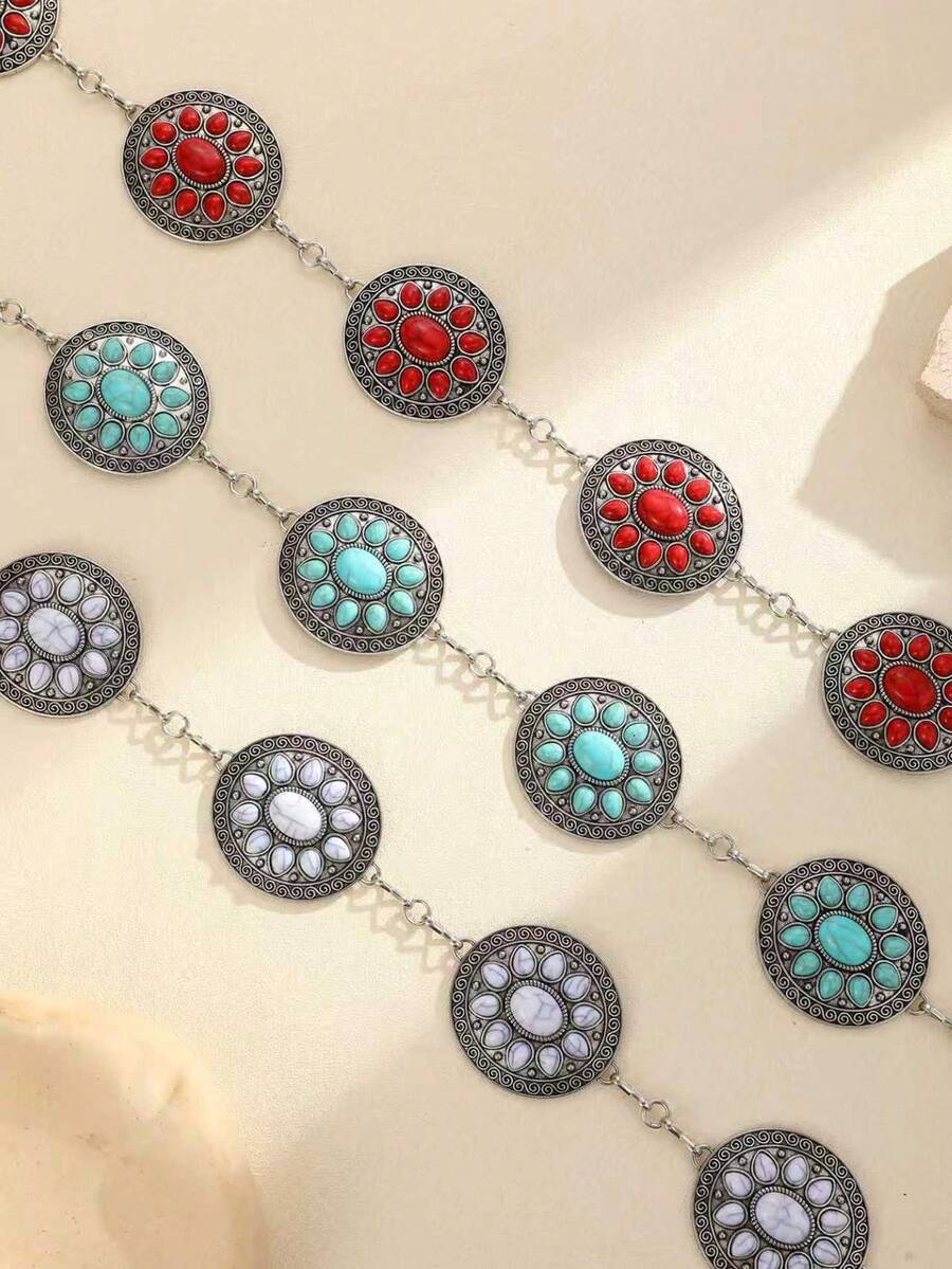 A Round Retro Pattern Turquoise Fashion Temperament Waist Chain, Women's Fashion All-Match Dress Belt, Body Jewelry, Christmas Accessories Waist Chain. Suitable For Spring, Summer, Autumn And Winter, Punk Style. - Round Sun - View 1
