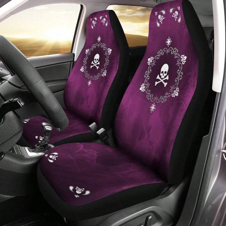 DBulopur Cute Magenta Skull 2 Piece Front Car Seat Covers For Women Men Fashion Vehicle Seat Protector Covers Universal Fit High Back Bucket Seat Cover - 黑色洋紅色骷髏花飾 - 查看 1