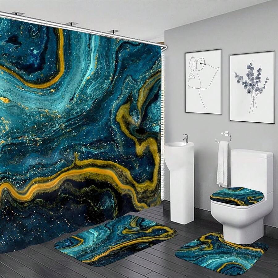 4 Pcs Teal Blue Marble Shower Curtain Set Turquoise Bathroom Sets With Shower Curtain And Rugs Gold Modern Abstract Bathroom Decor Accessories Bathroom Rugs Toilet Lid Cover With Hooks{Inchcolor_nameinch:InchTealinch} - Teal - 查看 1