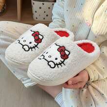 New Winter Sanrio-Hello Kitty Bow & Paw Embroidery Side Seam Closed Toe Slip-On Slippers For Women, Cute & Elegant Cat Design Slippers, Wide Fit, Warm Plush Lining Thick Women House Slippers, Suitable For Adult Women Daily Indoor Casual, Bedroom, Living Room, Party, Holiday Gift - trắng - Xem 6