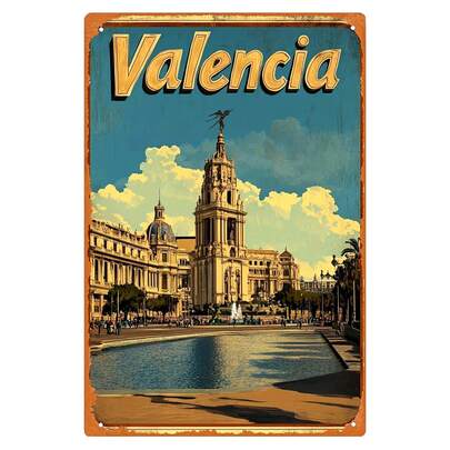 Valencia Vintage Travel Poster Metal Sign - 1pc Iron Wall Art, Spanish Cityscape Tin Painting, Indoor/Outdoor Decoration For Home, Office, Cafe, 7.87x11.81inch.