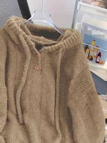 Solid Color Casual Minimalist Drawstring Hooded Pullover Sweater - Khaki - View 2