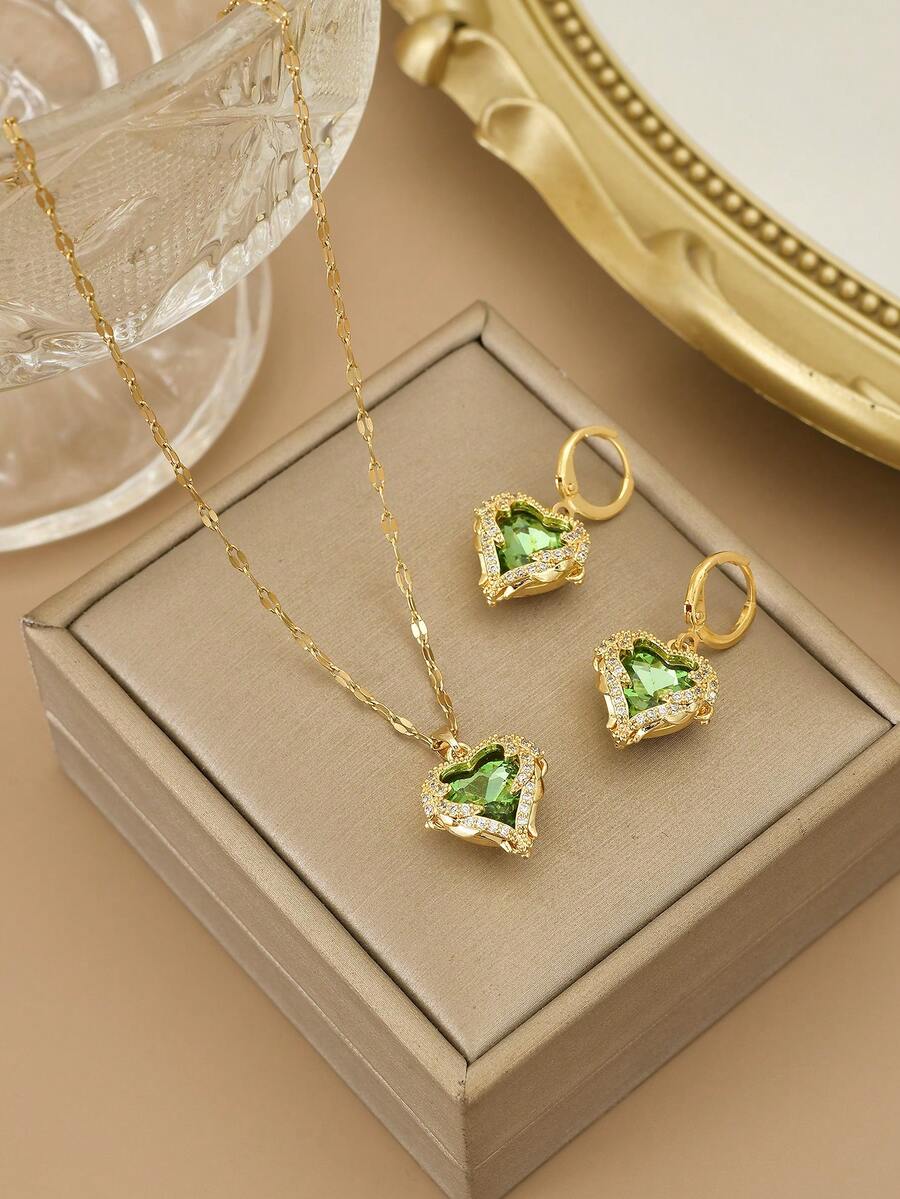 1 件奢华海洋之心不锈钢水晶心形项链，适合女士，适合派对、日常佩戴、欧美风格、独特、大方、方晶锆石、婚礼珠宝、送给女孩、亲戚、朋友、生日、情人节、爱人的礼物 - 綠色 - 查看 1