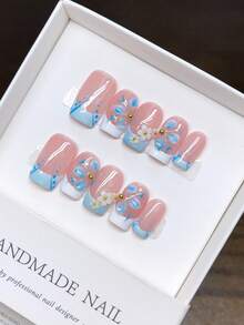 10pcs Handmade Square Nail Stickers, Hand-Painted Blue & White Porcelain French Manicure, High-Quality Minimalist Design, Full Coverage Fake Nails, Press-On Nail Stickers - Multicolor - View 13