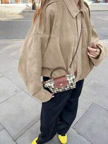 Women's Regular Faux Suede Long Sleeve Single-Breasted Loose Casual Jacket, Suitable For Spring Wear Women's Pocket Metal Button Short Military Green Jacket, Suitable For Spring And Autumn Wear - Beige - View 4
