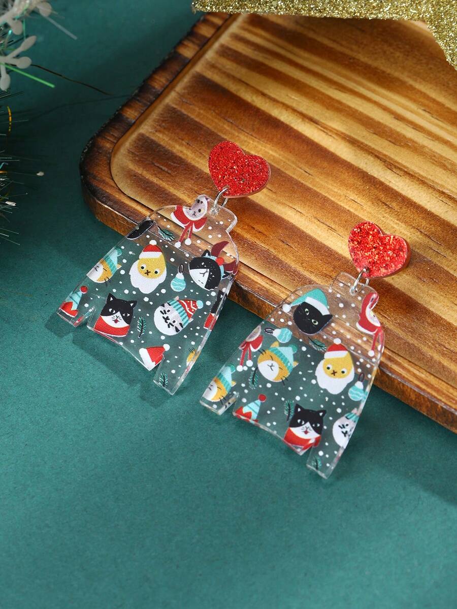 1 Pair Cute Cat Christmas Hats Printed In Sweater Shape, Transparent Acrylic Earrings Suitable For Women Girls For Jewelry Gifts For Christmas Ladies