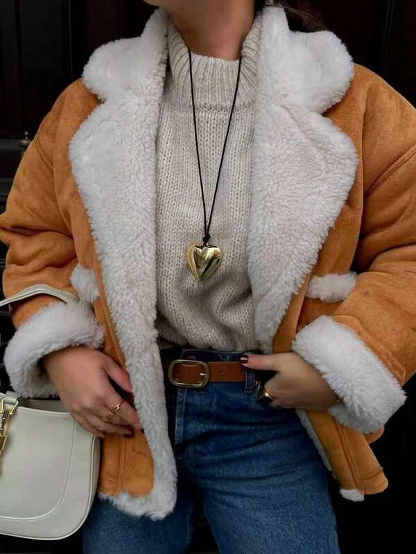 1 قطعة جاكيت مقاومة للرياح مصنوعة من قماش الغزال المخملي ذات لون أحادي، جيوب ذات لون أحادي وإغلاق أمامي بأزرار، مناسبة للارتداء في المنزل والمدرسة والسفر في فصل الشتاء