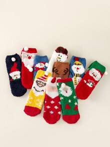 Random 3 Pairs Of Children's Socks Winter Coral Velvet Socks Cute Cartoon Christmas Socks For Girls Half Velvet Thickened Warm Home Sleeping Socks Three-Dimensional Ear Plush Ball, Cute And Fun