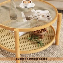 Rattan Coffee Table, 2-Tier Bamboo Coffee Table With Glass Top And PVC Rattan Storage Shelf, Modern Round Coffee Table For Living Room, Office, Natural - 1 - View 3