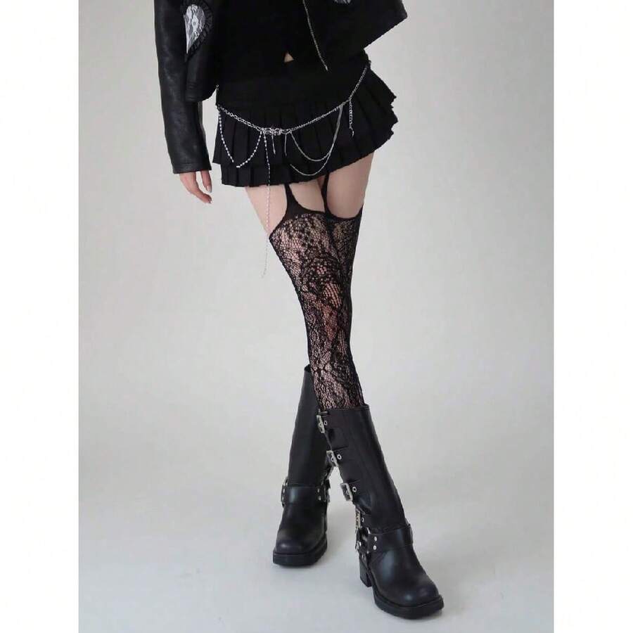 Pairs Of Flower Vine Suspender Stockings, Women's One-Piece Lace Jacquard Fishnet Stockings - 黑色 - 查看 1