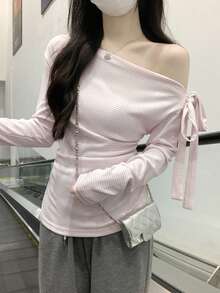 女式条纹系带不对称/不对称休闲长袖 T 恤，春秋季 - 粉色 - 查看 1