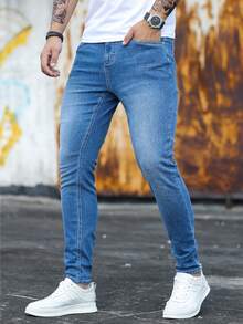 Nuevo 2025, pantalones vaqueros ajustados elásticos para hombres, jóvenes, negros, azules, azules claros, cintura media, tubos rectos, ocio diario, comodidad, adecuados para todas las estaciones - Azul claro - Ver 2