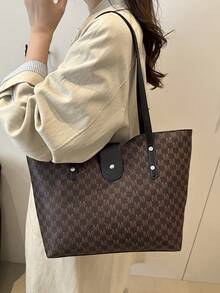 Bolso de mano grande con estampado de letras, bolso de hombro acolchado en forma de Y para mujeres, para ir al trabajo - Café - Ver 3