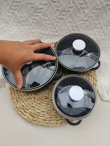 3件套彩色迷你搪瓷锅套装，容量分别为4.7英寸/5.5英寸/6.3英寸，花卉图案搪瓷炊具，加厚耐高温炖锅，烹饪锅，汤锅，前置锅，家用厨房用具，炊具，适用于烤箱、明火和燃气灶，不适用于微波炉，适合圣诞节、四季家庭野餐、旅行和便携使用。