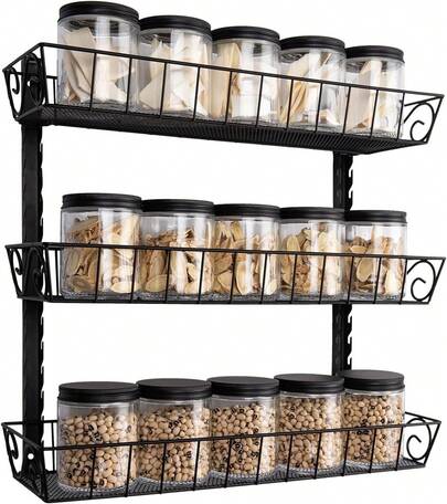 Adjustable Wall Mount Spice Rack, 3-Tier Dual-Use (Multi-Use) Organizer, Black