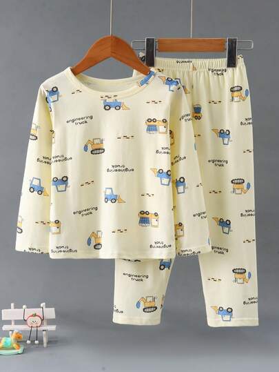 2 delar långärmad pyjamasset i bomull med tecknat biltryck, för pojkar, lätt, vår/höst
