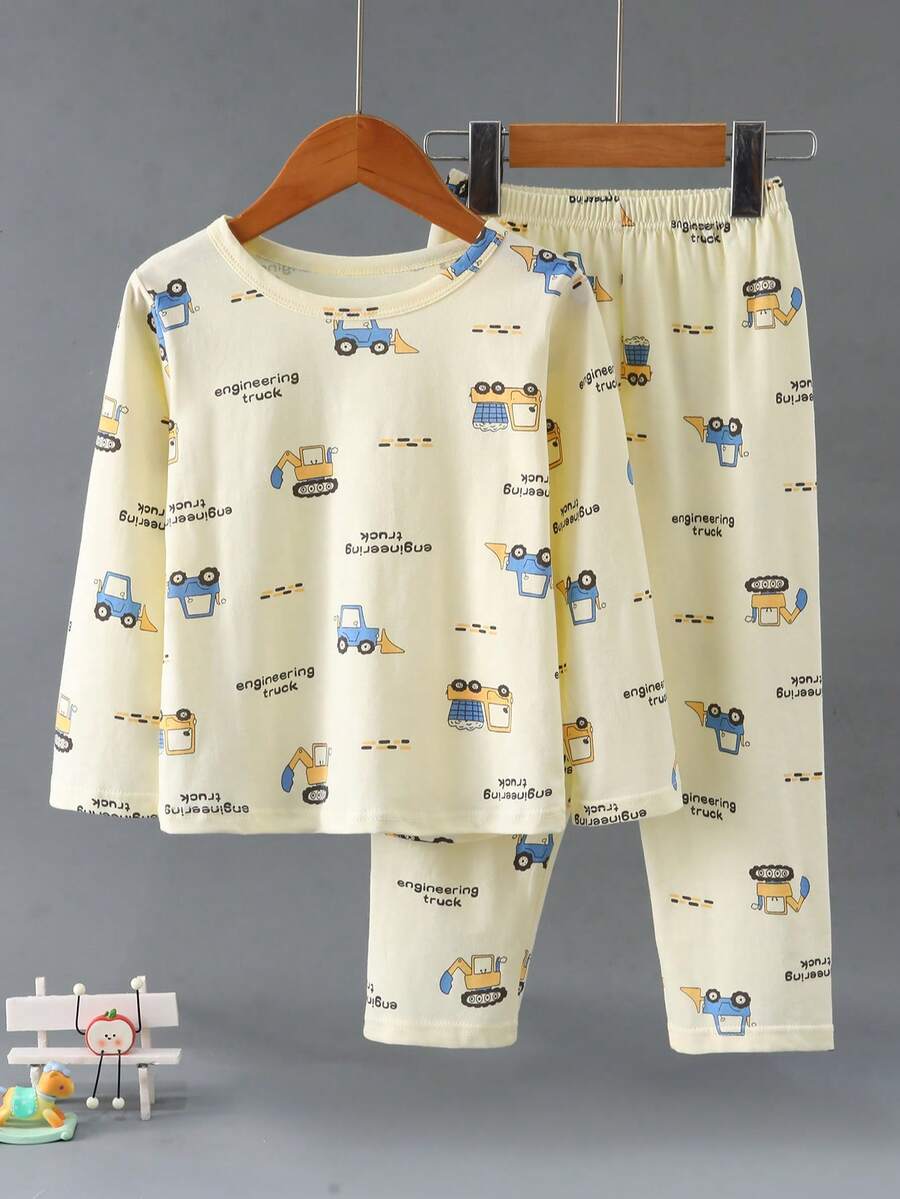 2pcs Boys' Cotton Cartoon Car Print Long Sleeve Pajama Set, Lightweight Spring/Autumn