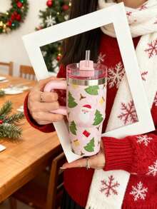 1 pezzo Elemento di Babbo Natale e albero di Natale, Tazza termica da 40oz-14oz con manico, in acciaio inossidabile isolato, adatto per viaggi, scuola, ufficio, all'aperto, palestra, casa, regalo di Natale, regalo per donne e adolescenti, regalo per le feste, regalo di compleanno (con cannuccia) - Multicolore - Visualizzare 8